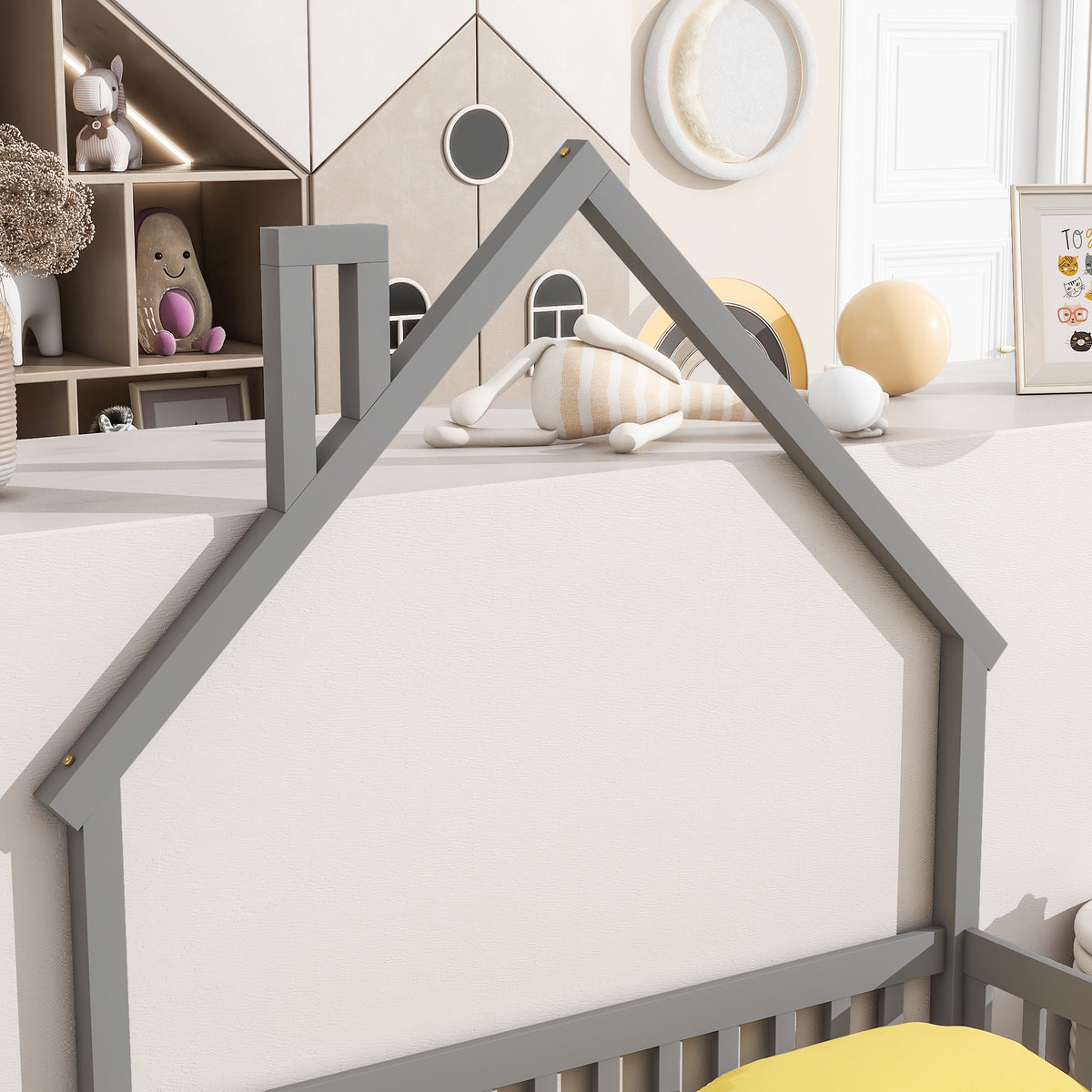House Frame Bed with Fence Gray
