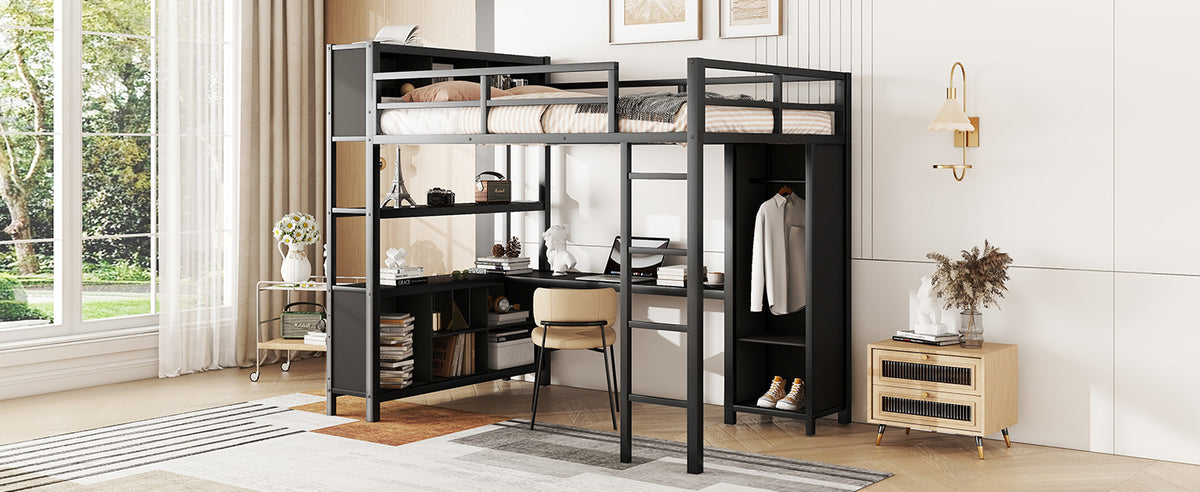 Metal L-Shaped Loft Bed – Black