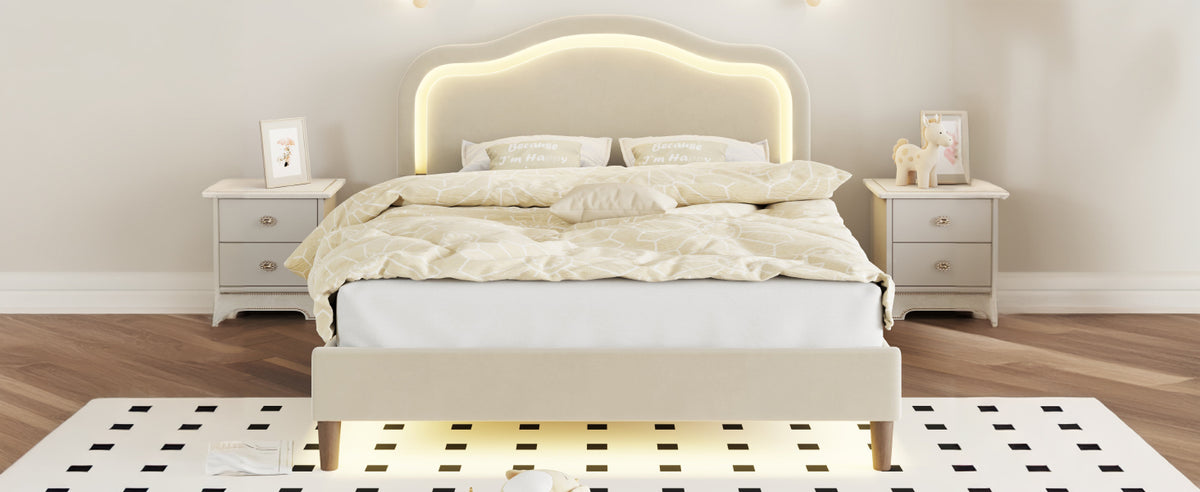Beige Velvet LED Bed Frame