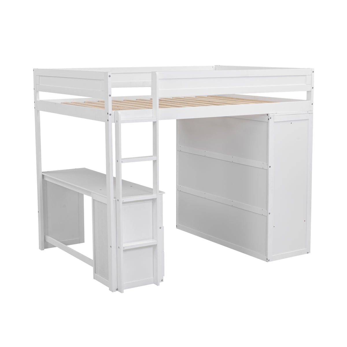 Full-Size Loft Bed with Wardrobe and Drawers White