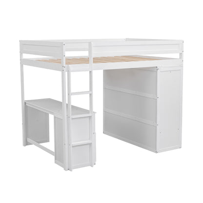 Full-Size Loft Bed with Wardrobe and Drawers White
