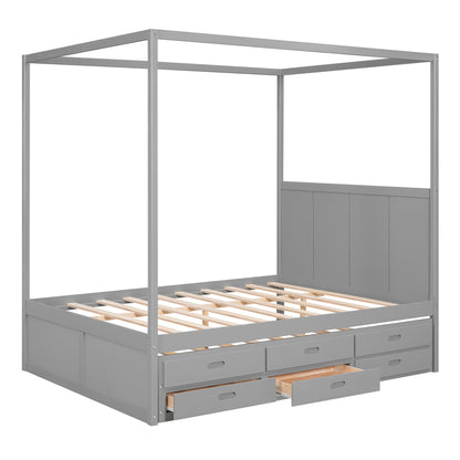 Queen Canopy Platform Bed with Drawers Gray
