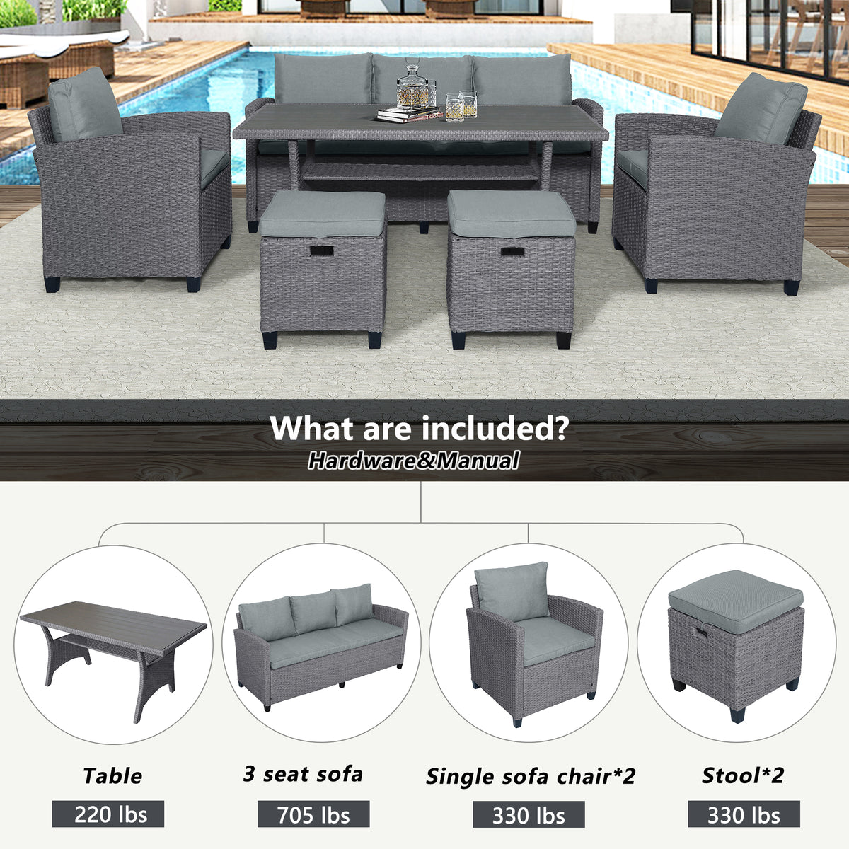 Outdoor Rattan Dining Set (6 pcs) – Gray Mat