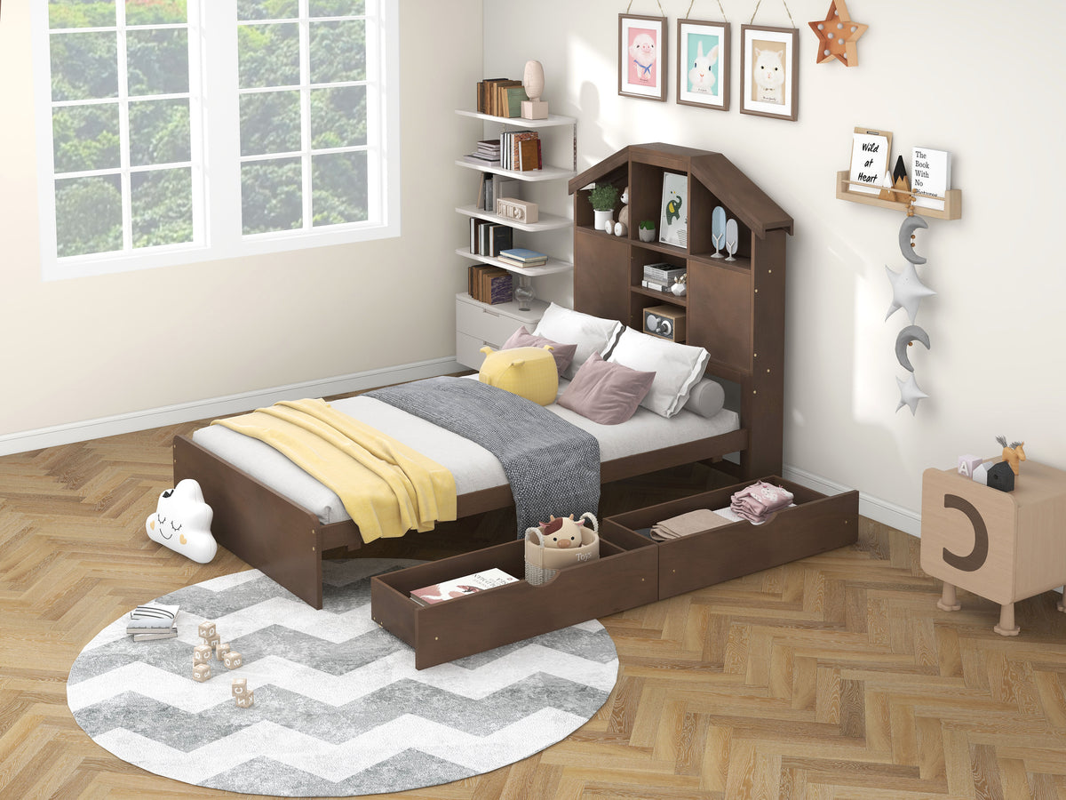 Twin Platform Bed with Storage Drawers Walnut