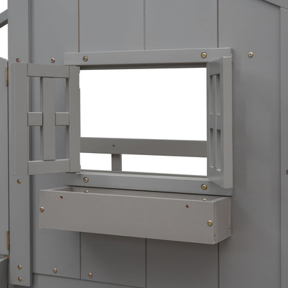 Twin House Bunk Bed with Ladder Grey