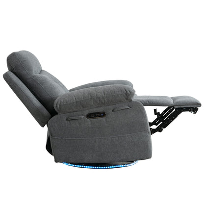 Light Gray 270° Swivel Power Recliner Chair – Linen Upholstery with Bluetooth, LED, USB Charging & Storage