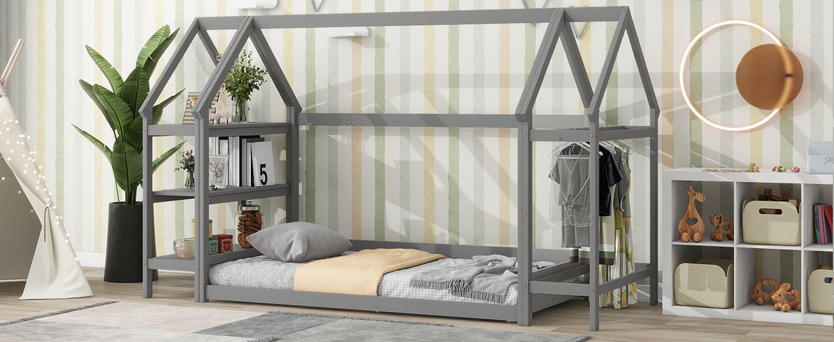 House Frame Platform Bed with Storage Gray