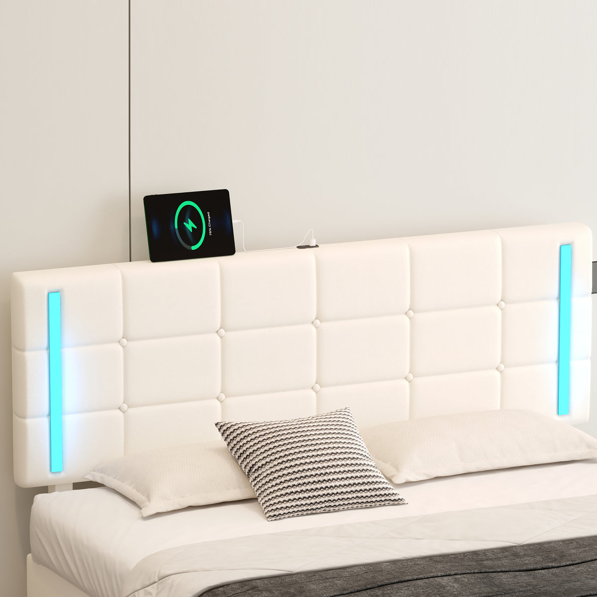 Queen Upholstered Bed with LED White