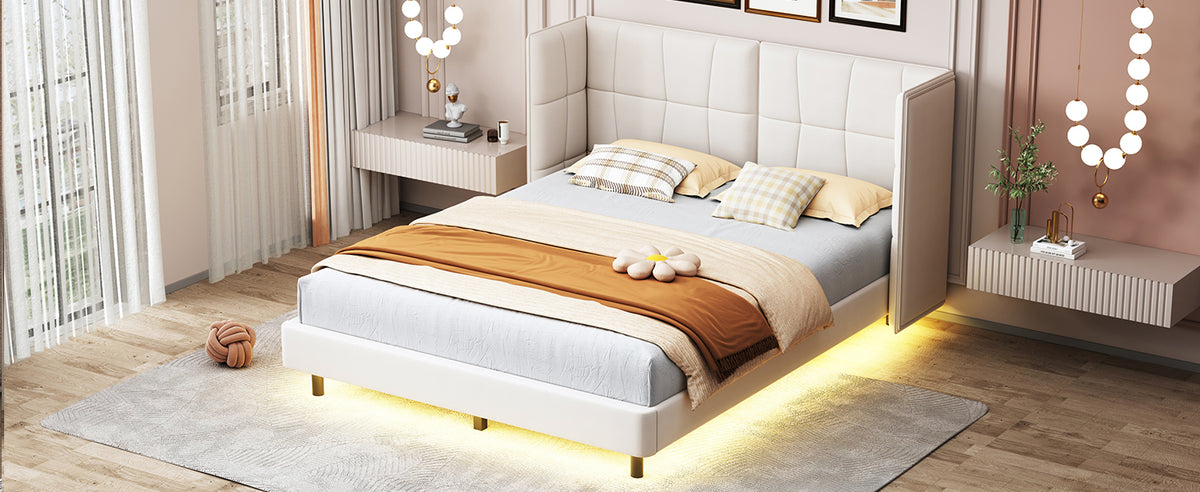 Queen Platform Bed with LED Headboard Beige