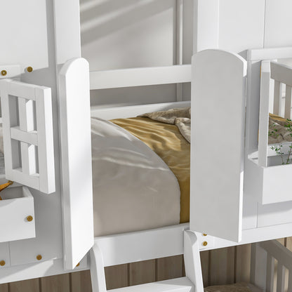 Twin House Bunk Bed with Ladder White