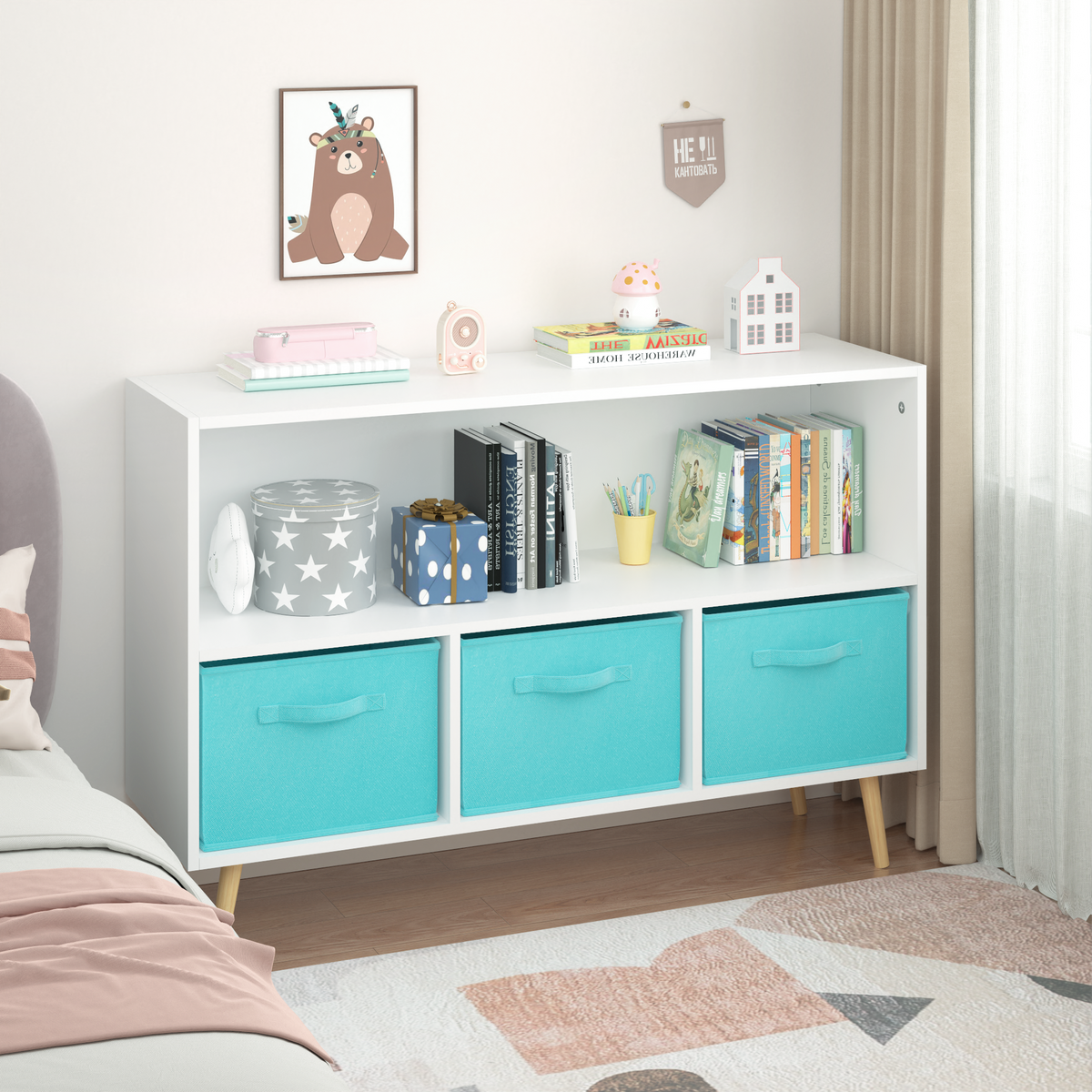 Kids Bookcase with Fabric Drawers White Blue