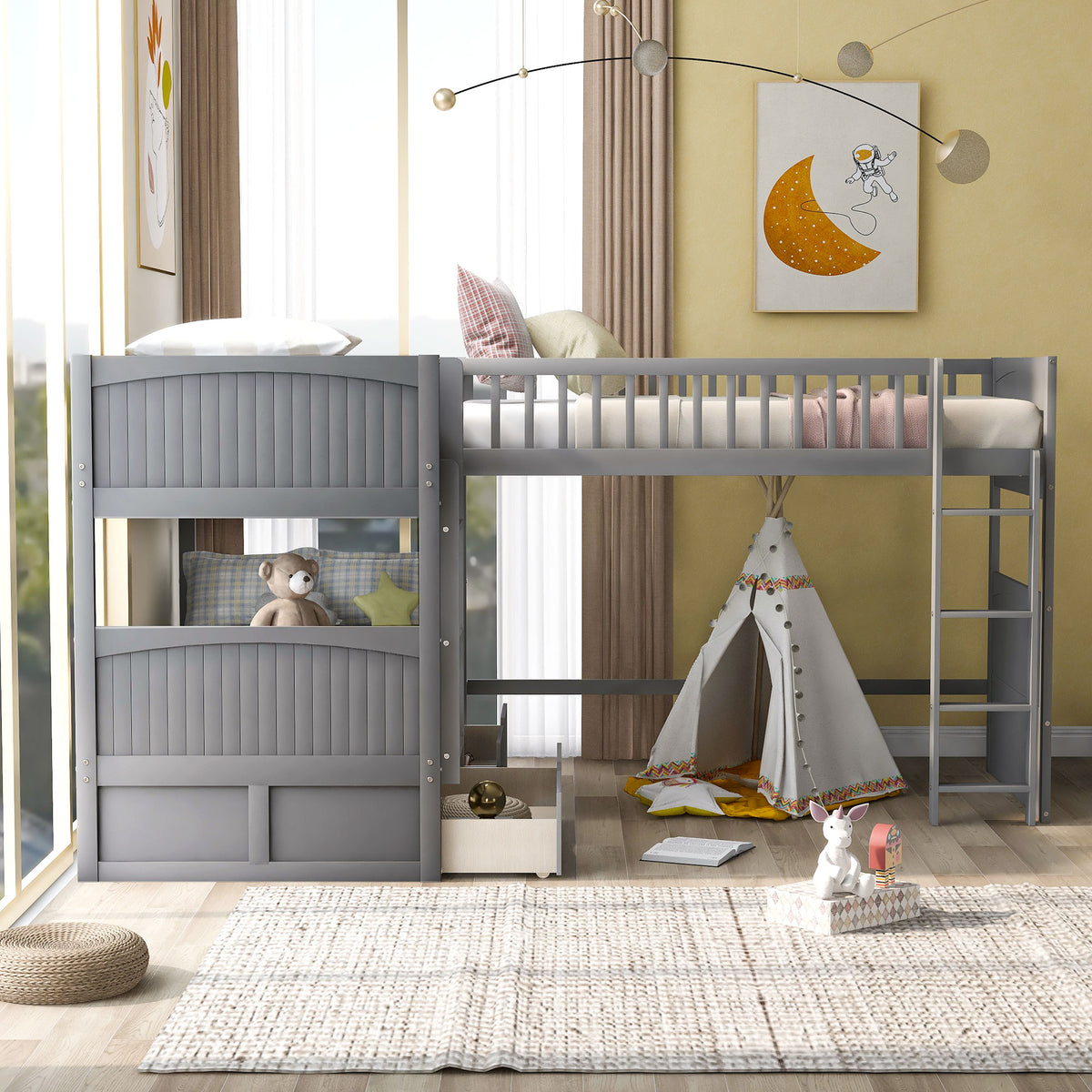 Twin Bunk Bed with Drawers Gray