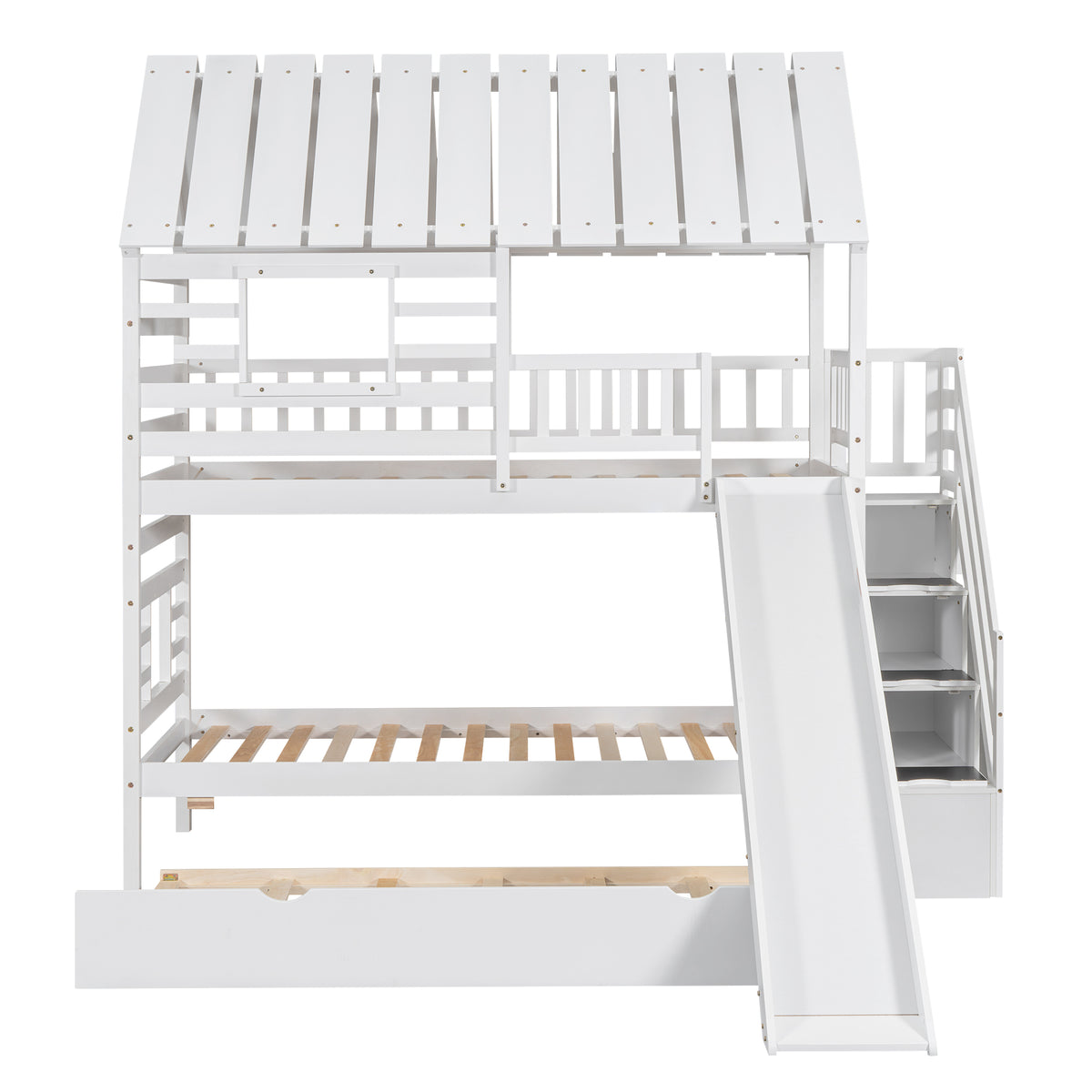Twin Over Twin Bunk Bed with Roof Staircase White