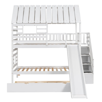 Twin Over Twin Bunk Bed with Roof Staircase White