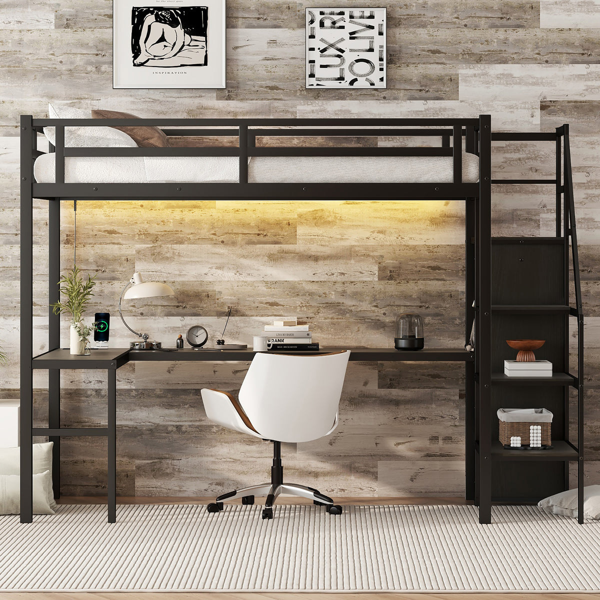 Loft Bed with USB and Adjustable Shelf Black