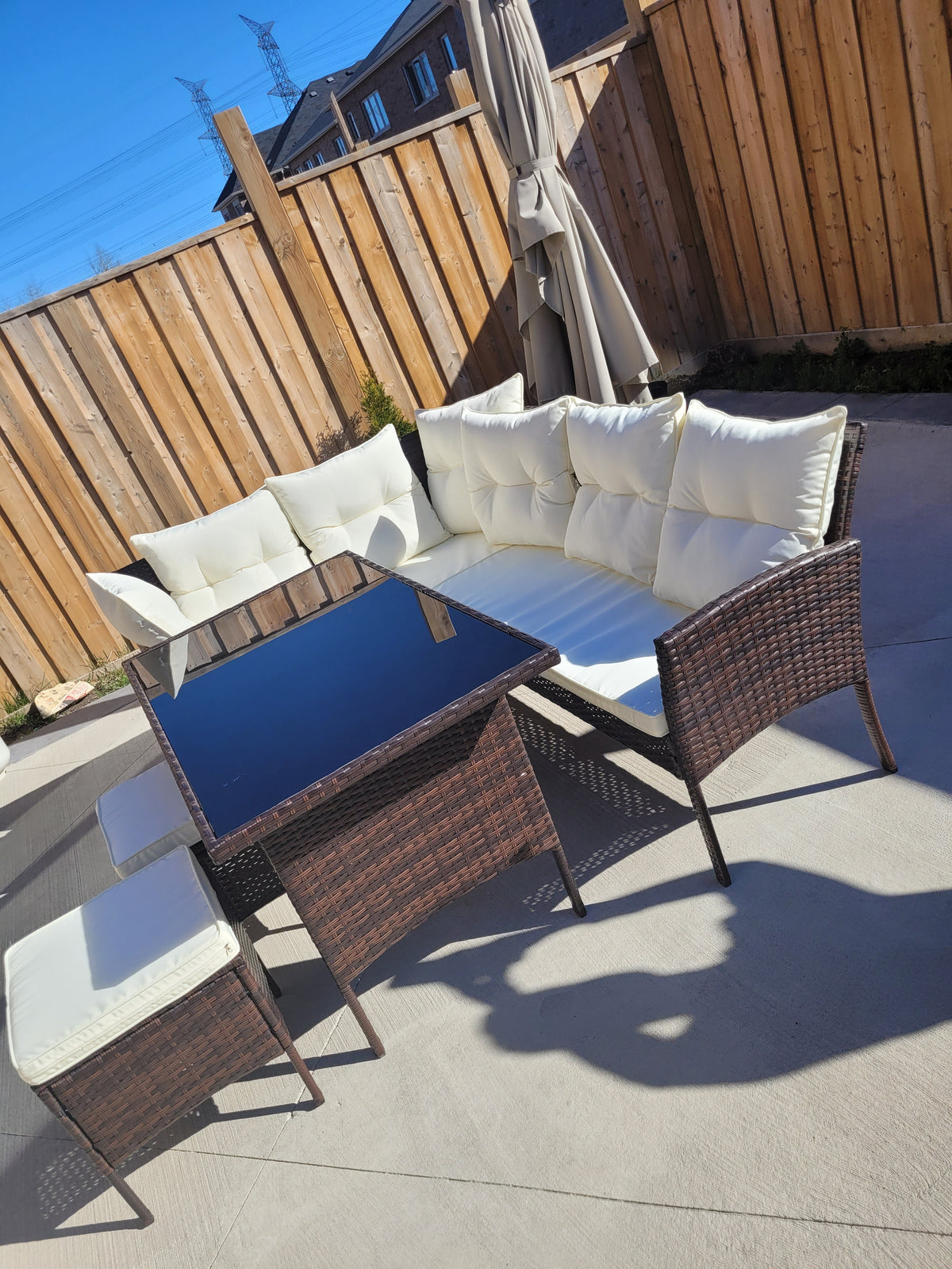 Garden Outdoor 7 pc Lounger Set Dark Brown Wicker with Beige Cushion