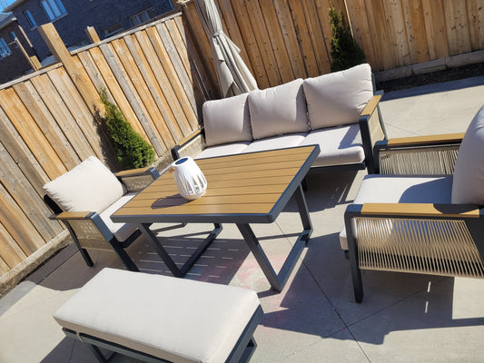 SNAKK SKITTENT Luxury Aluminum Dinning Patio Set with Teak Wood Accents – Modern Outdoor Lounge Set