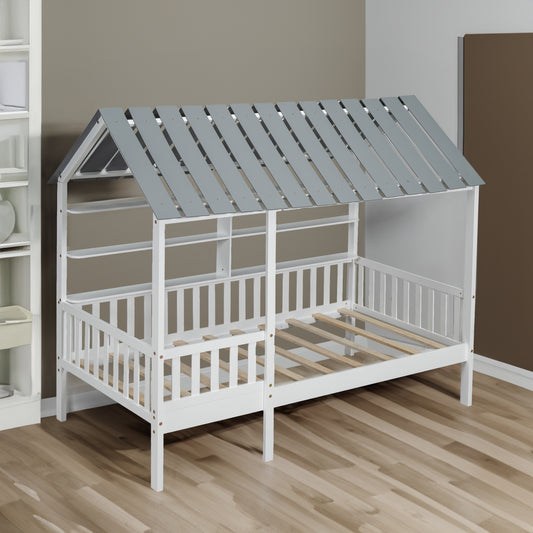 House Bed with Roof and Guardrails White