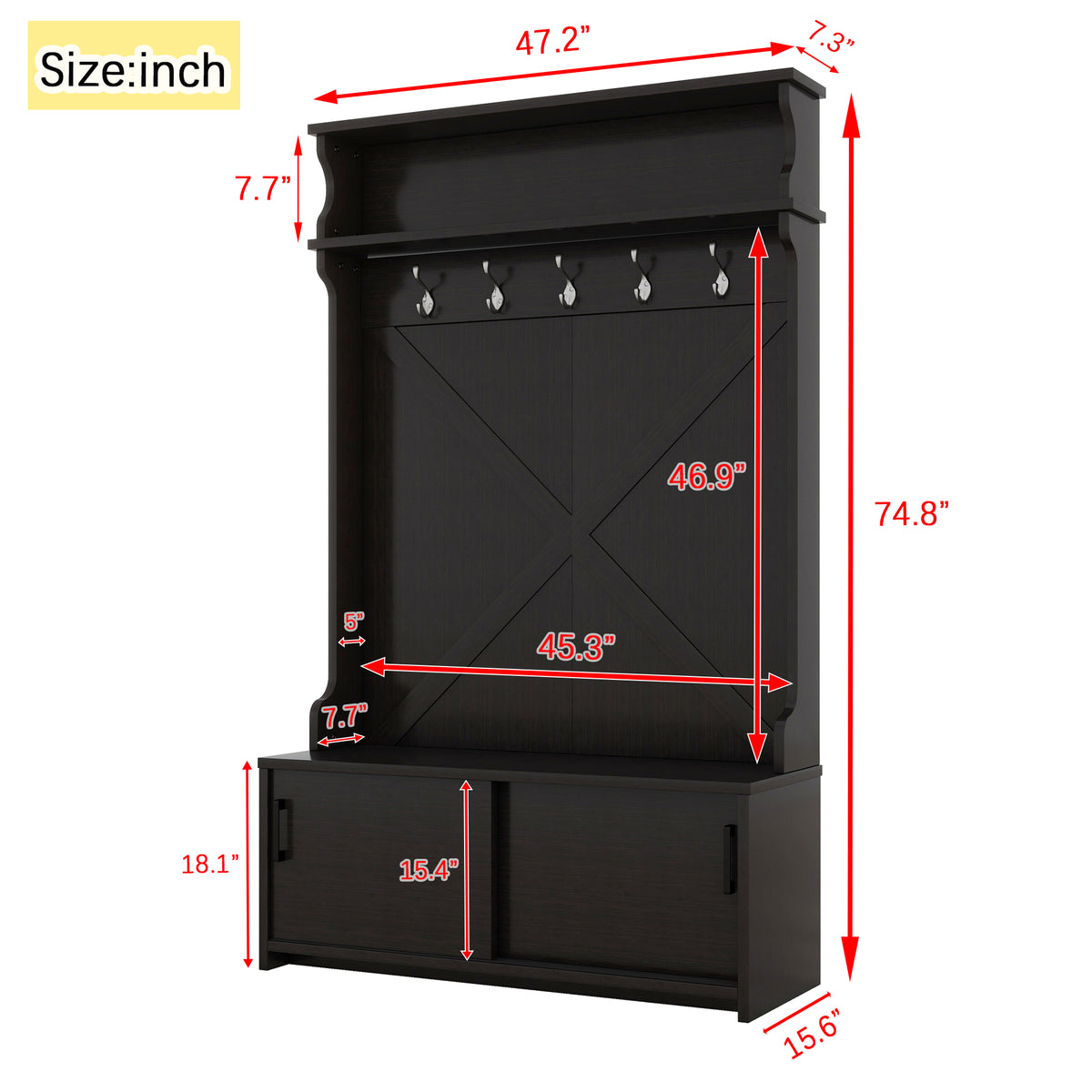 Hall Tree with Sliding Door and Hooks Black