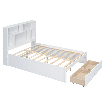 Full Platform Bed with Storage Headboard White