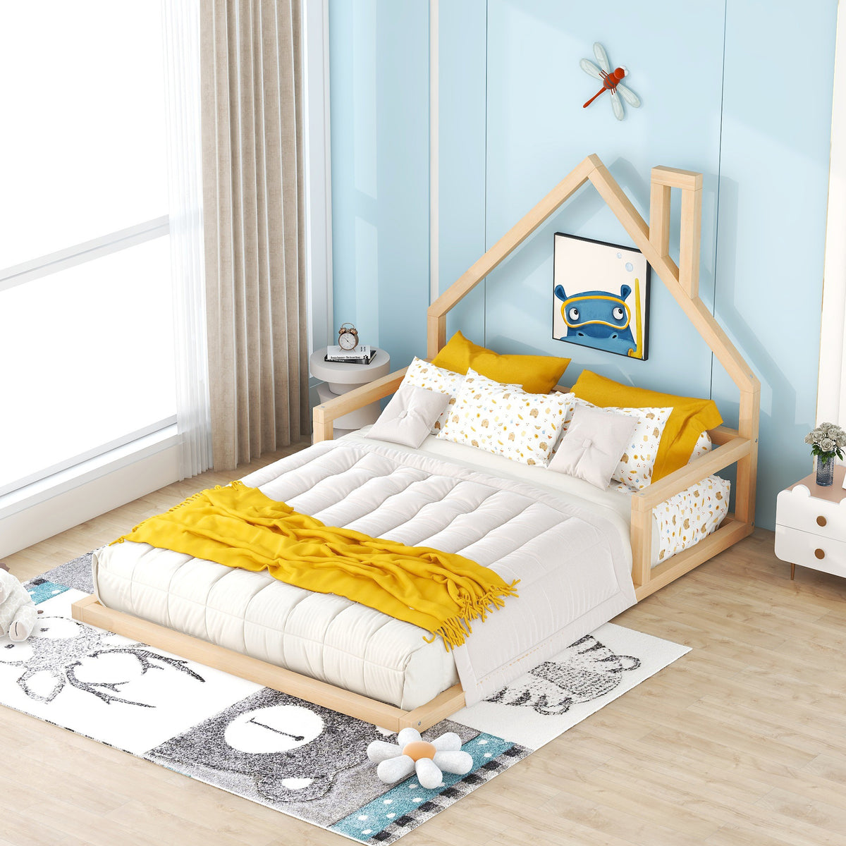 Full Wood Platform Bed with Fence Natural