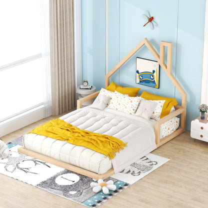Full Wood Platform Bed with Fence Natural