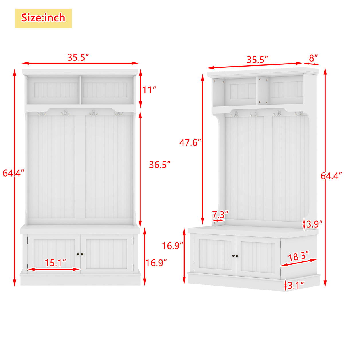 Hall Tree with Hooks and Shoe Storage Bench White