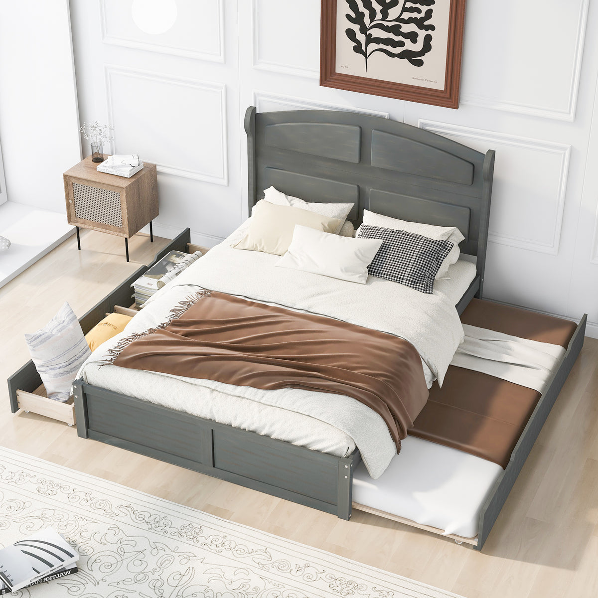 Queen Platform Bed with Trundle Antique Gray
