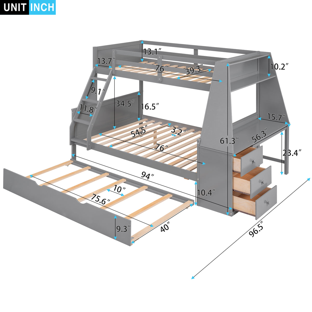 Full Bunk Bed with Desk Gray