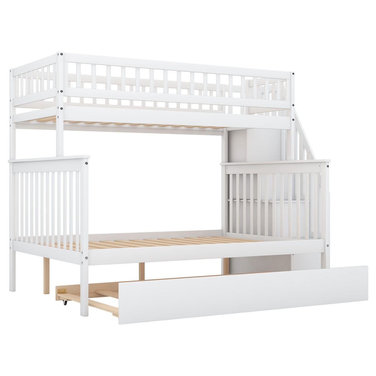 Twin Over Full Bunk Bed with Staircase White