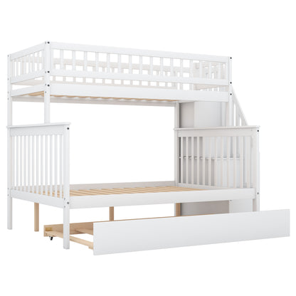 Twin Over Full Bunk Bed with Staircase White