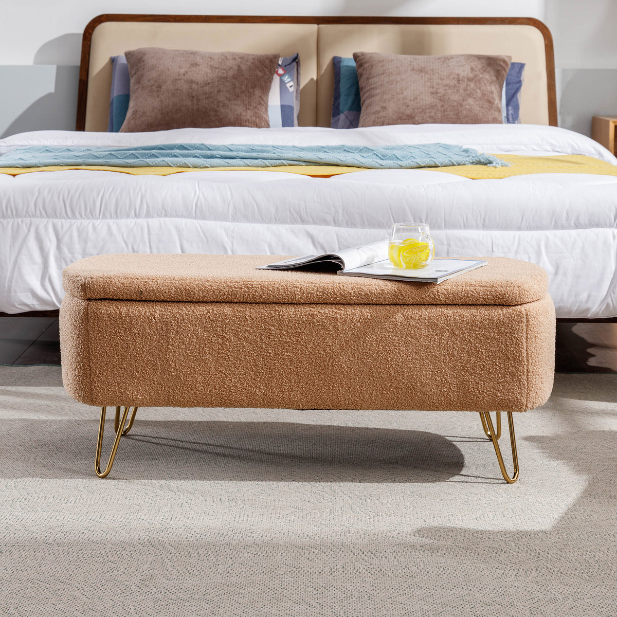 Camel Ottoman Bench with Gold Legs