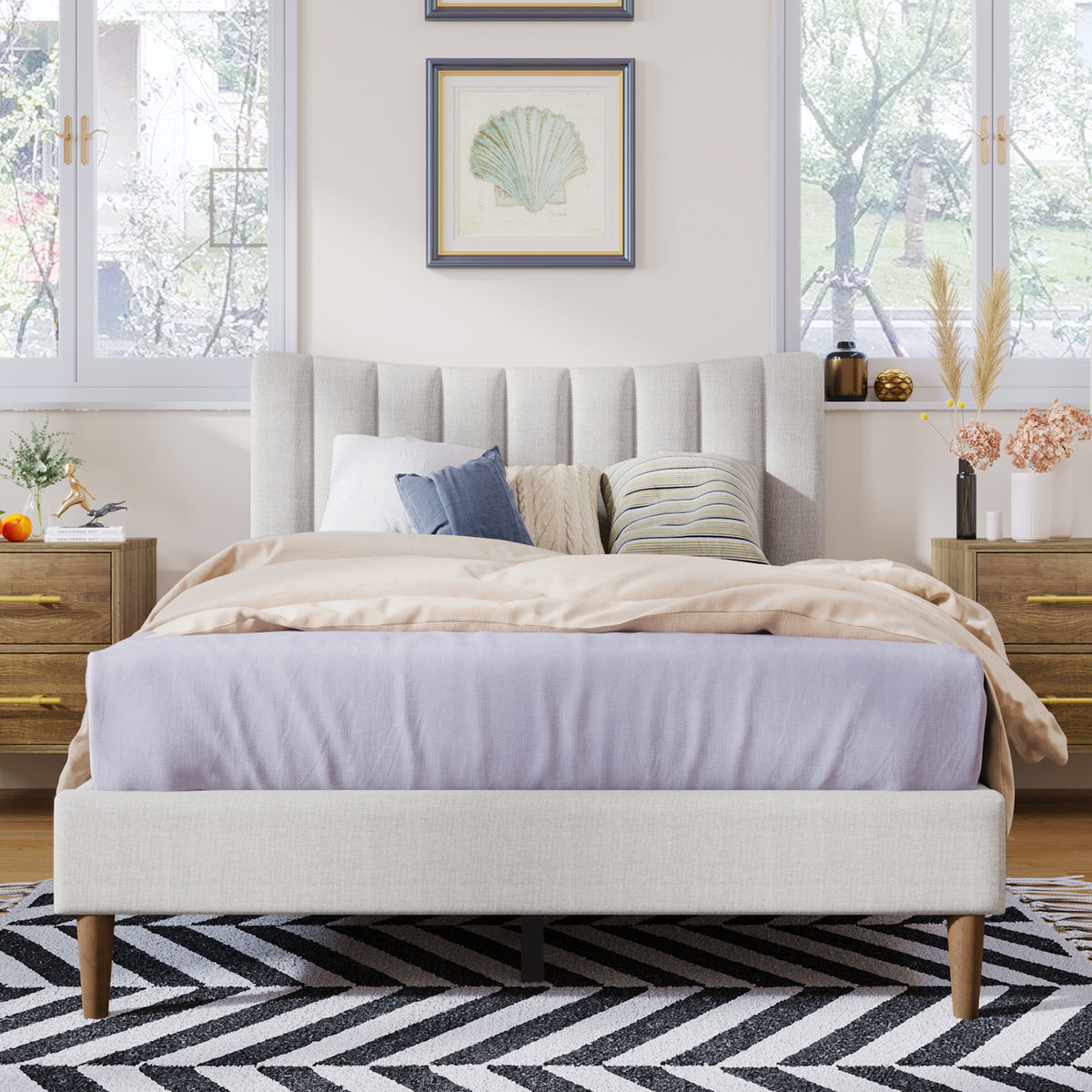 Upholstered Platform Bed with Channel Headboard Cream