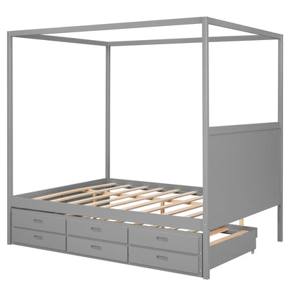 Queen Canopy Platform Bed with Drawers Gray
