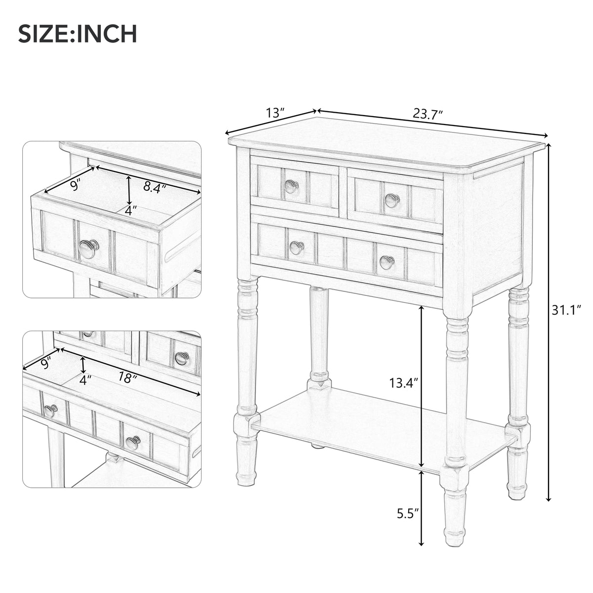 Narrow Console Desk – Grey Washed Finish