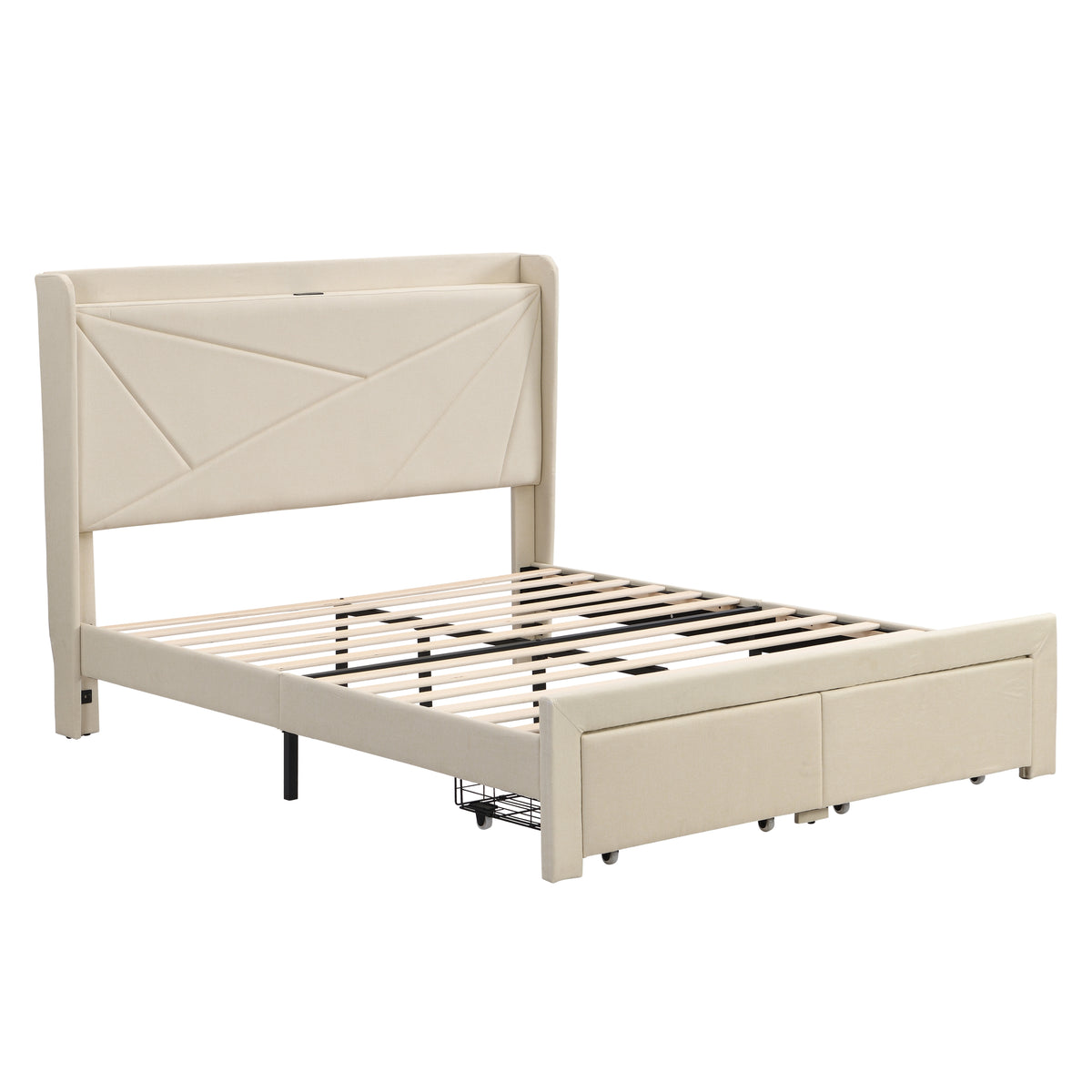 Full Size Upholstered Bed with Drawers – Beige