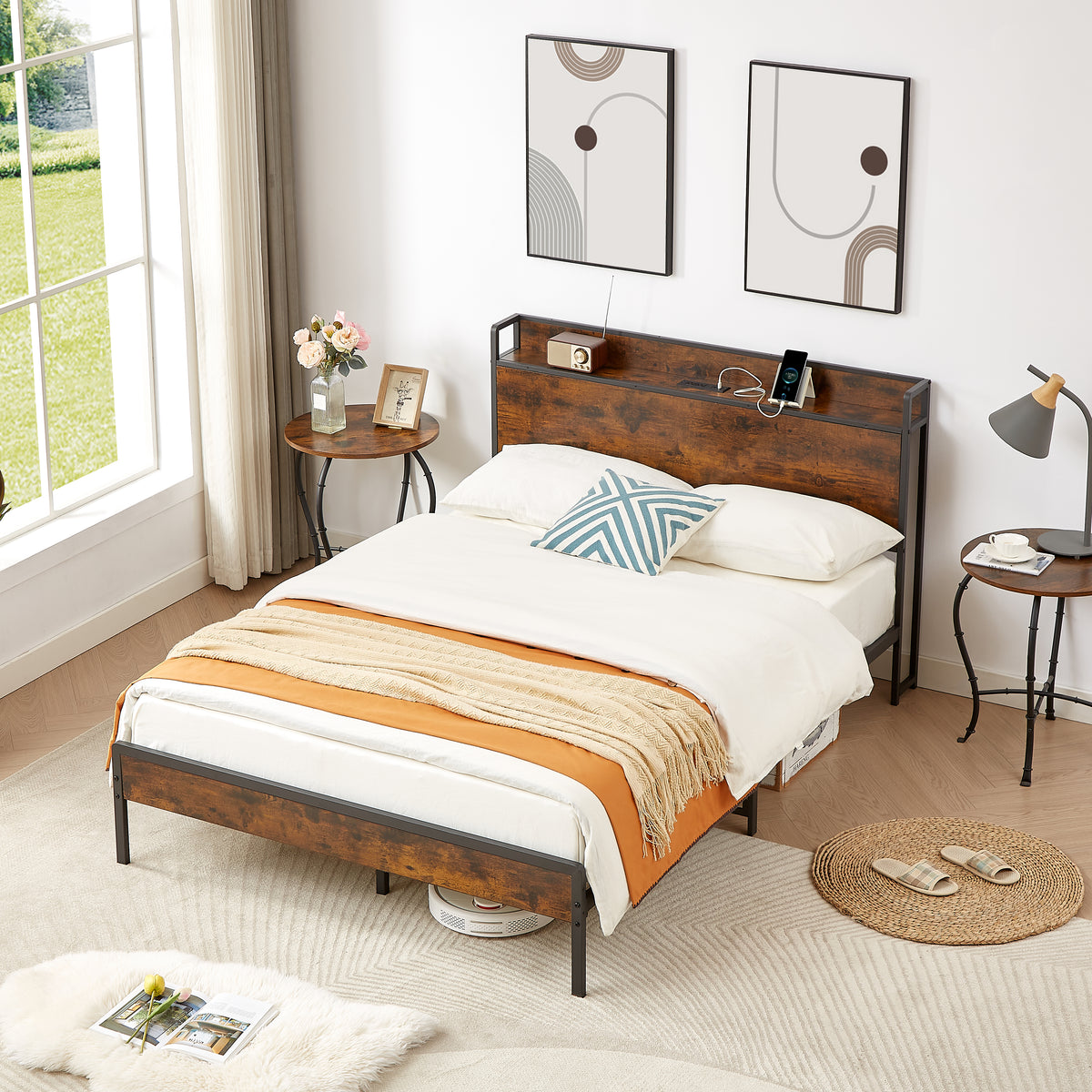 Upholstered Bed Frame with USB Charging Station