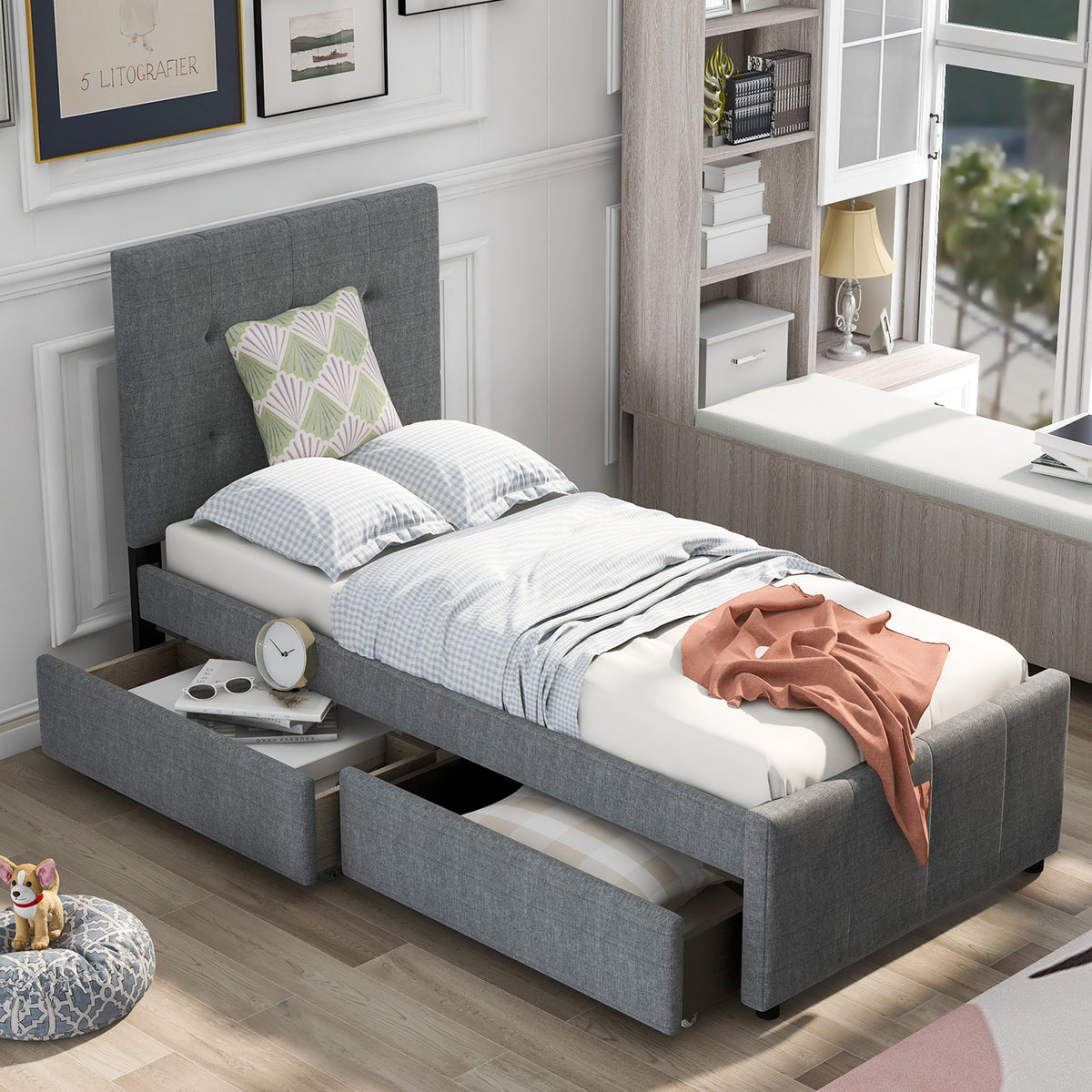 Linen Platform Bed with Headboard Twin