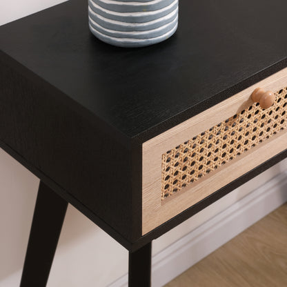 Rattan Side Table with Solid Wood Legs