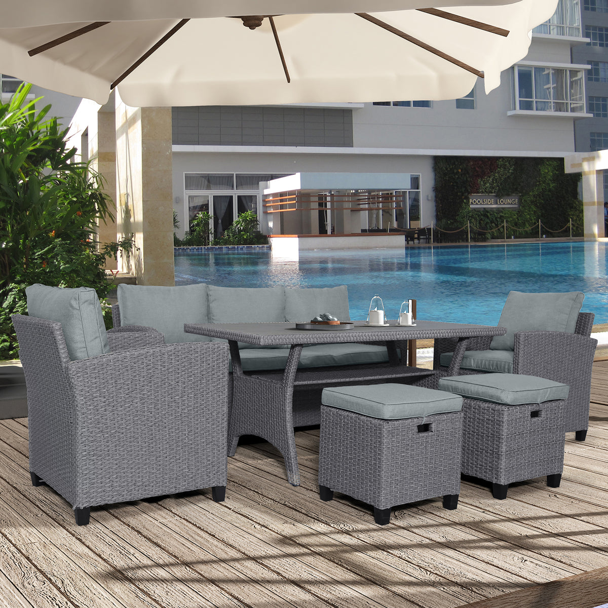 Outdoor Rattan Dining Set (6 pcs) – Gray Mat