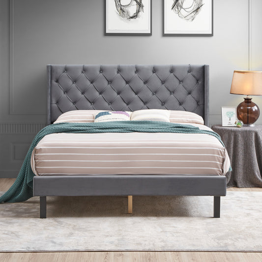 Velvet Upholstered Platform Bed with Wingback Gray