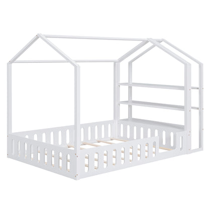 Full Platform Bed with Storage Shelves White