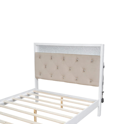 Full Platform Bed with LED Headboard White
