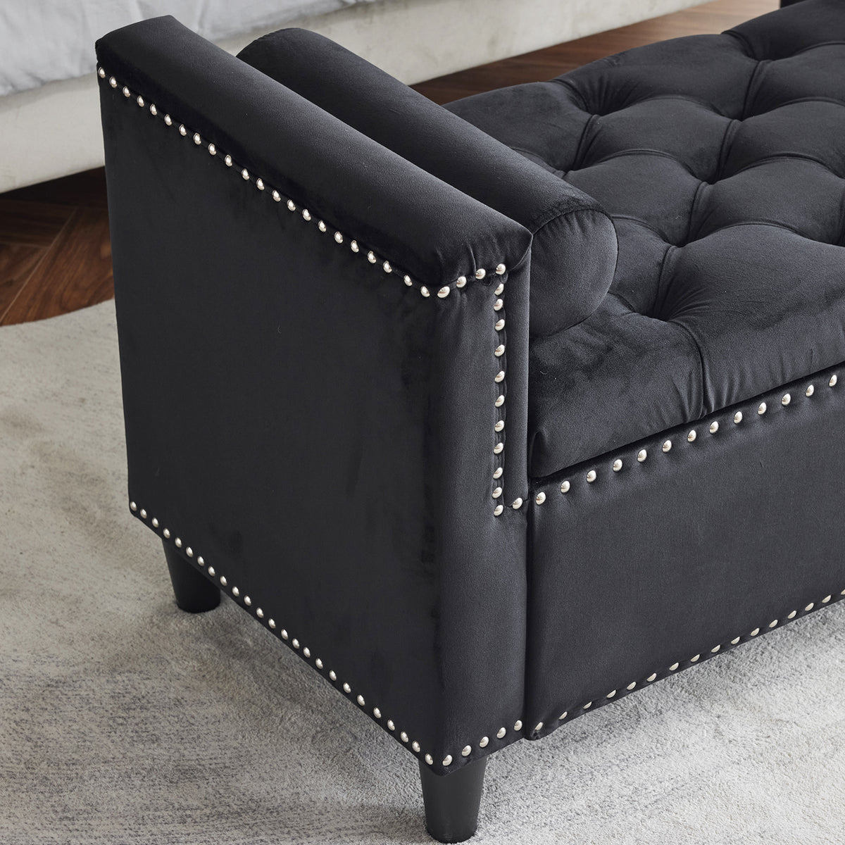 44-Inch Velvet Storage Bench with Armrests Black