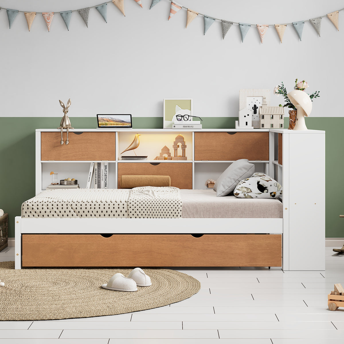 L-Shaped Captain’s Bed with LED Lights Walnut