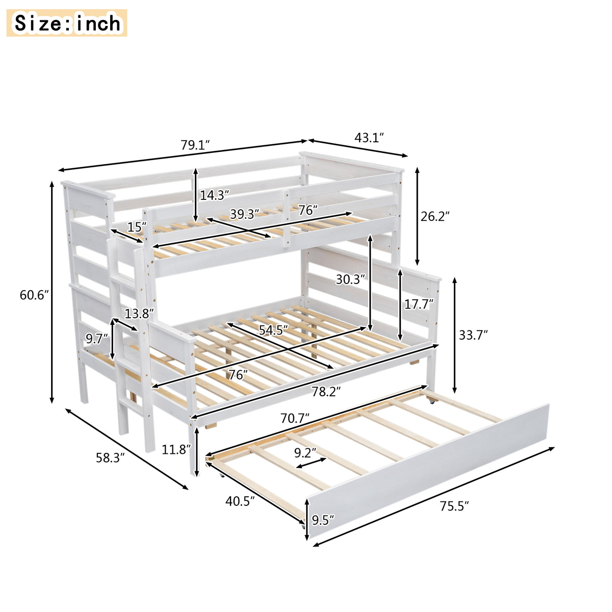 Twin-Full Bunk Bed with Trundle – White