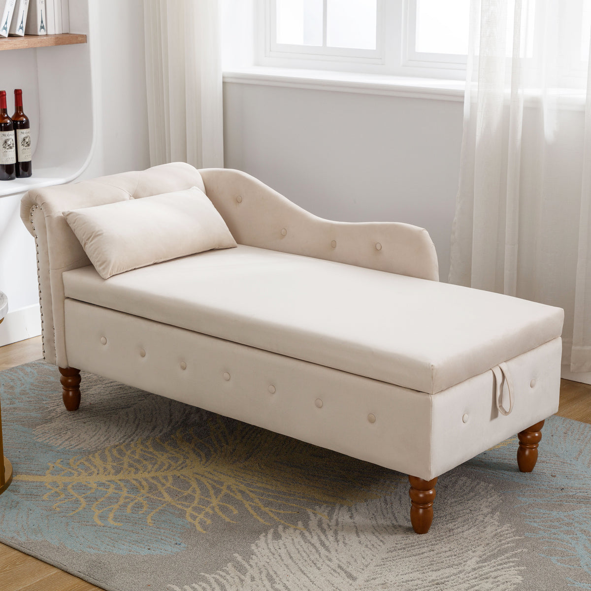 Beige Chaise Lounge with Storage and Pillow