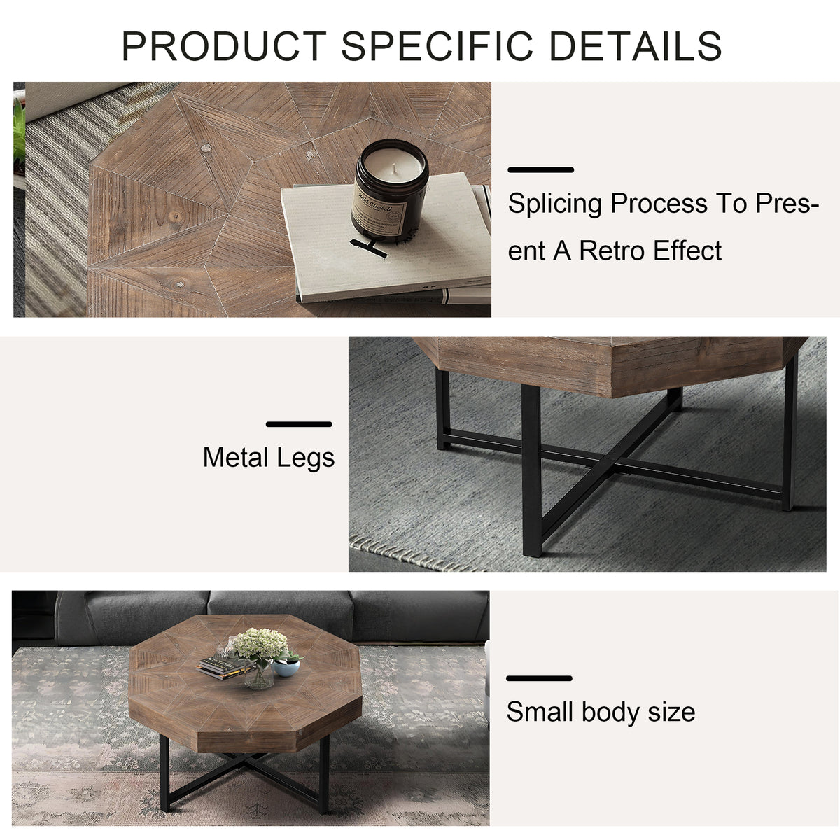 Octagonal Coffee Table with Cross Metal Base Brown