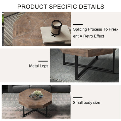 Octagonal Coffee Table with Cross Metal Base Brown
