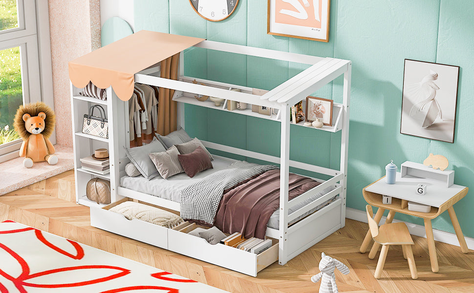 Twin House Bed with Wardrobe White